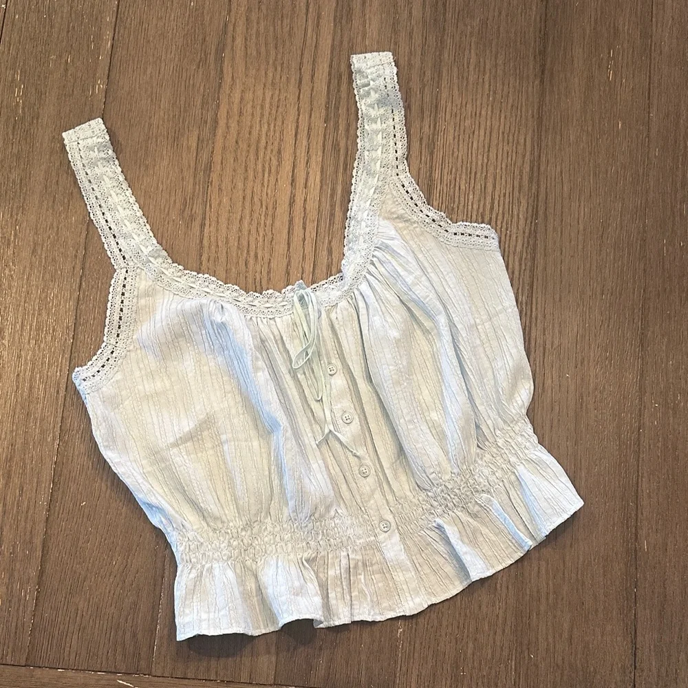 American Eagle Outfitters Light Blue Lace Trim Tank Top - Picture 1 of 6